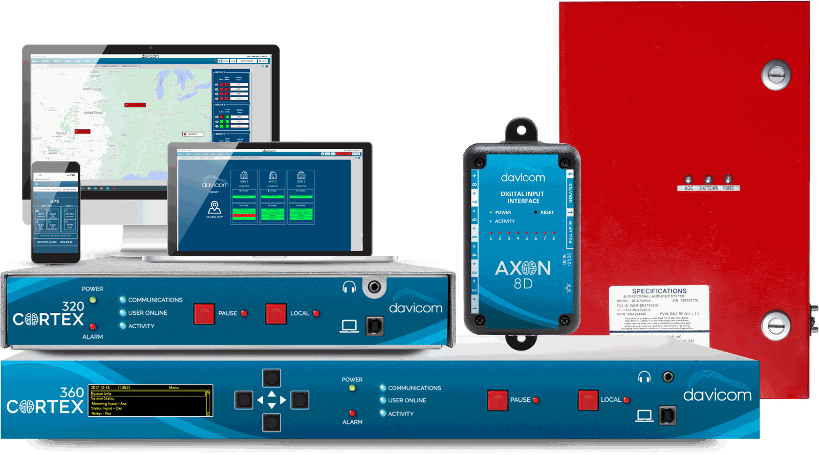 Une baie d'amplificateur bidirectionnel, un AXON-8D, des unités Davicom CORTEX 320 et 360 et l'interface de surveillance sur ordinateur, portable, tablette et téléphone