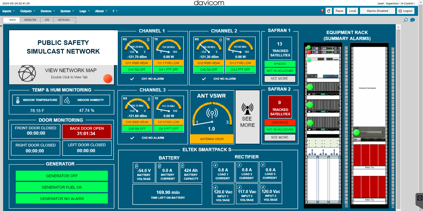 Page sommaire d’un site simulcast Tait avec les canaux, le GPS, l’alimentation CC et l’environnement