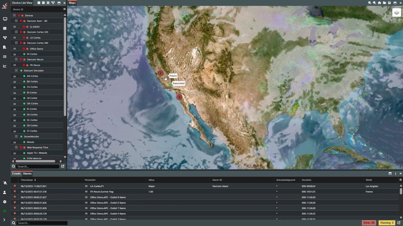The Mosaic map with the device list and the alarm table
